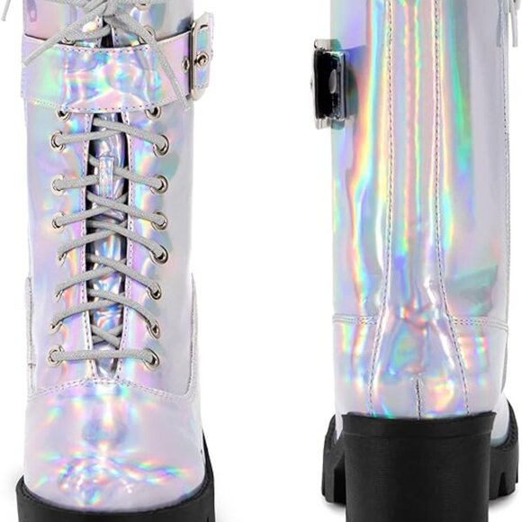 Lace Up Round Toe Chunky Heel Combat Platform Boots - Picture 10 of 10